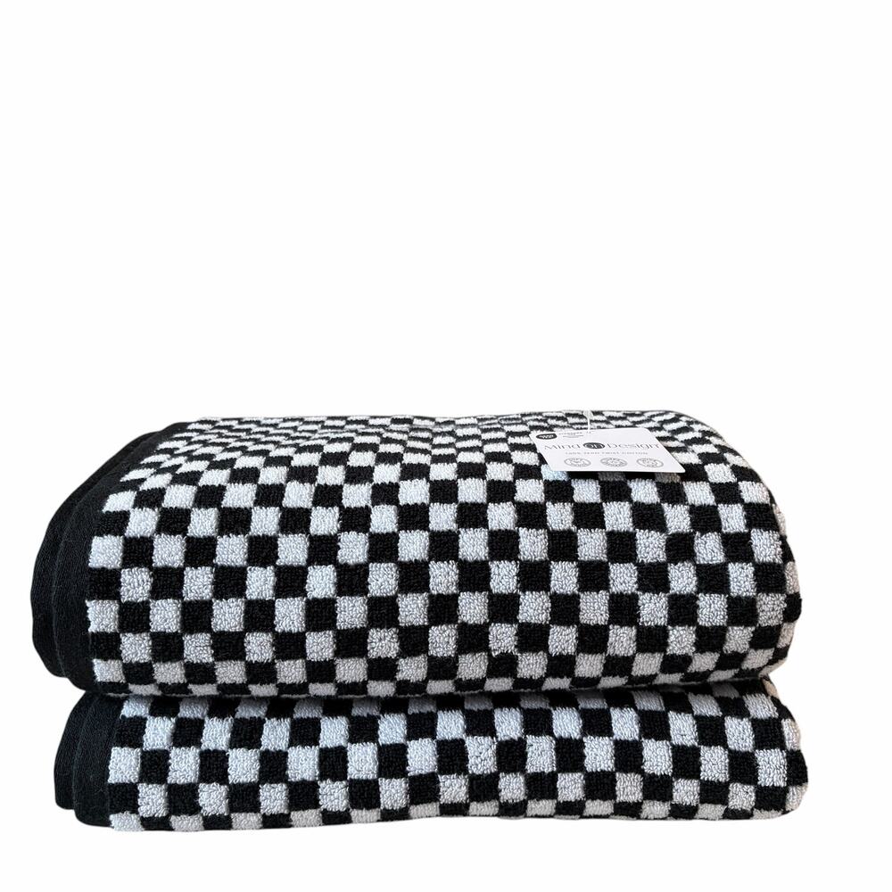 Set of 2 Chic Black & White Checkered Bath Towels 100% Zero Twist Cotton NEW